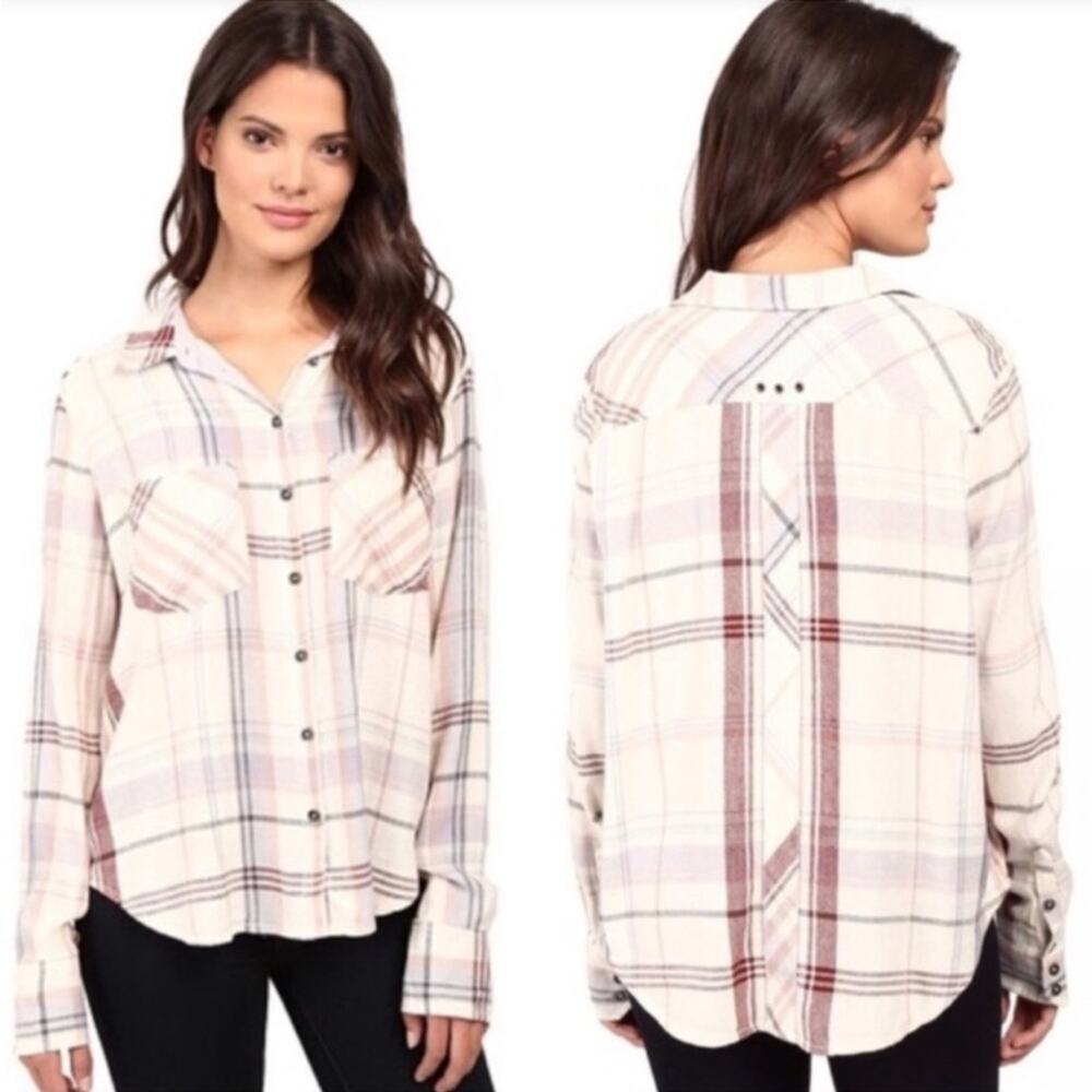 Free People Womens XS Oversized Plaid Button-Up Shirt
